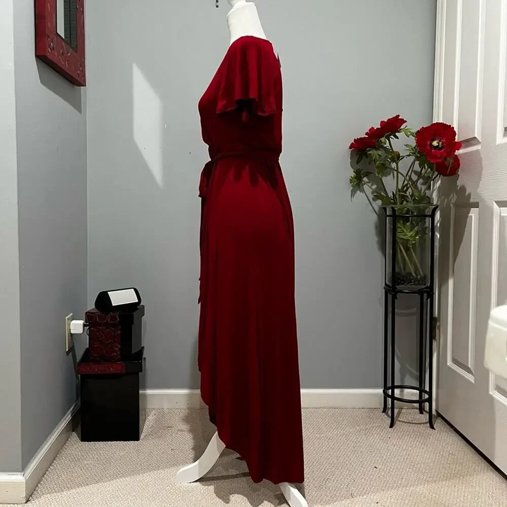 NEW West Kei Modal Jersey Flutter Sleeve Cascading High Low Belted Maxi Dress XS